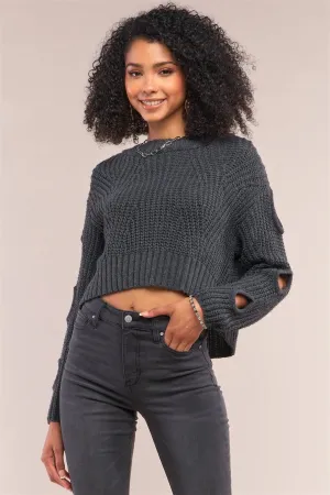 Charcoal Round Neck Long Cut-Out Detail Sleeve Cable Knit Cropped Sweater
