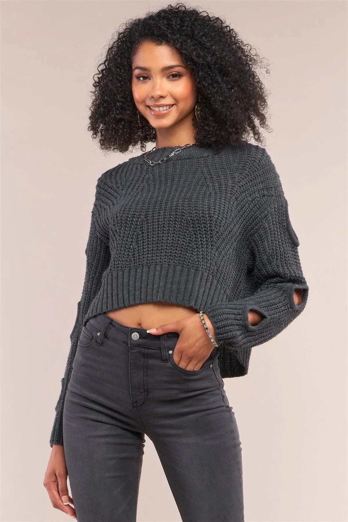 Charcoal Round Neck Long Cut-Out Detail Sleeve Cable Knit Cropped Sweater