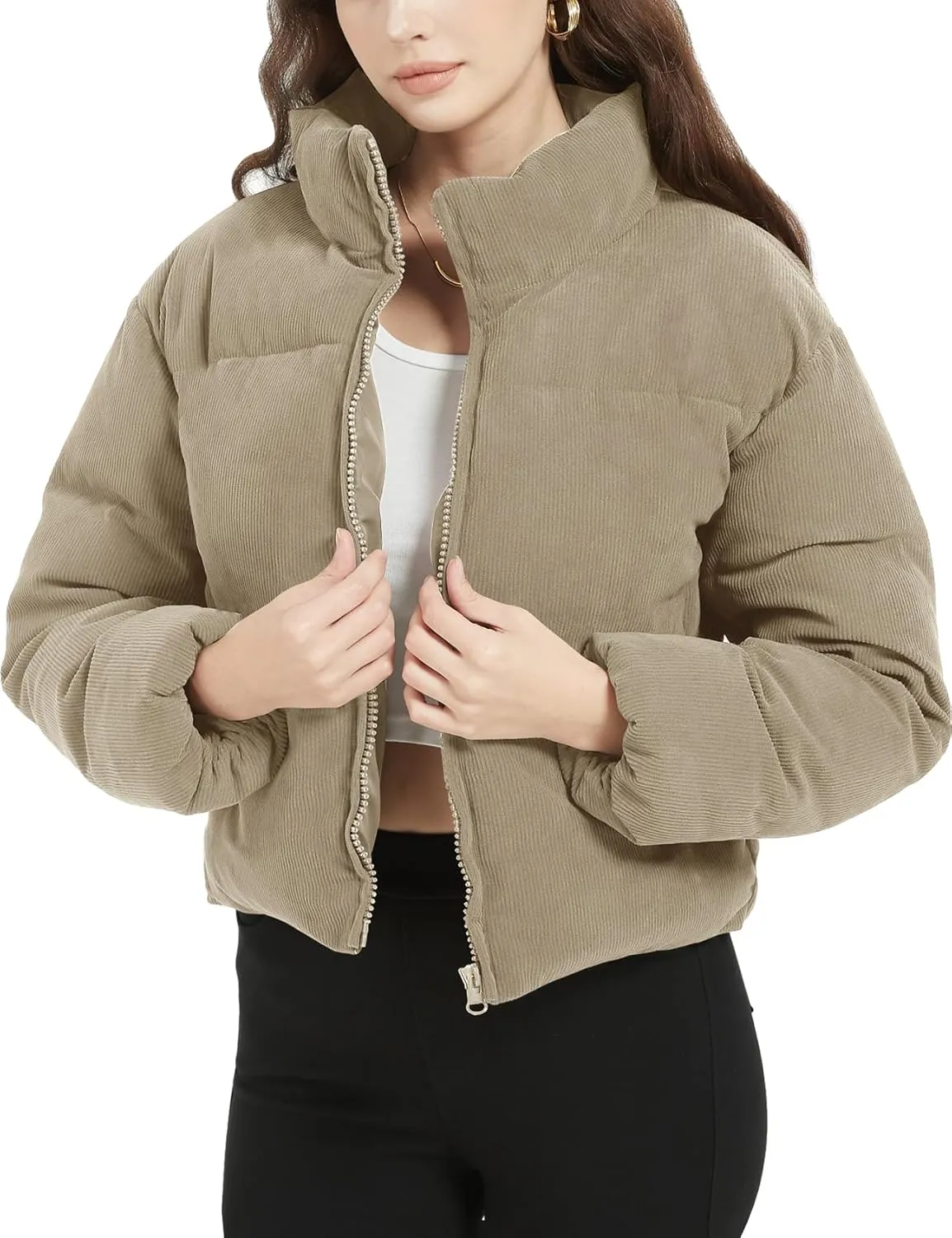Flygo Womens Cropped Corduroy Puffer Jacket Winter Jackets Warm Long Sleeve Zip Quilted Down Puffer Coat