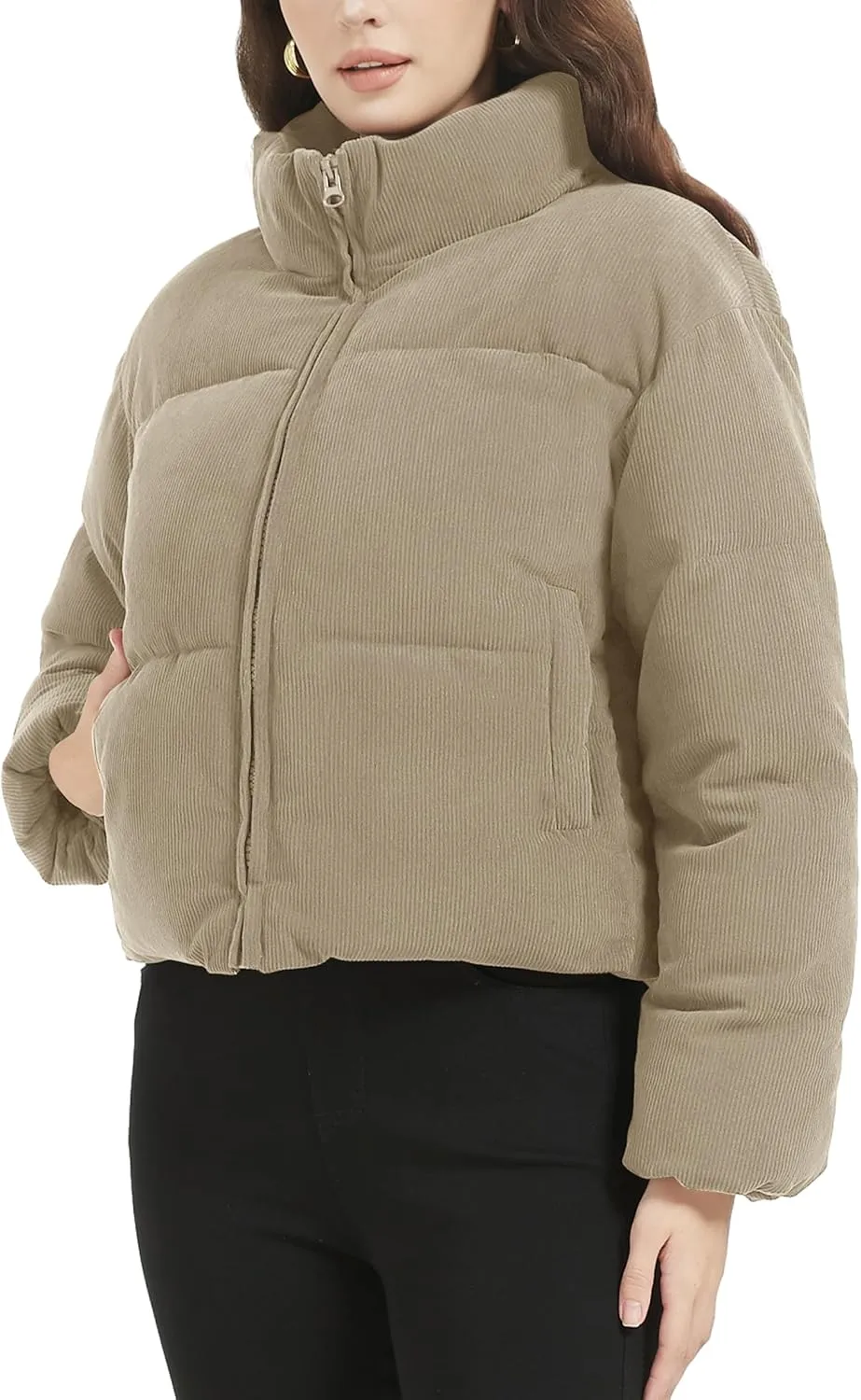 Flygo Womens Cropped Corduroy Puffer Jacket Winter Jackets Warm Long Sleeve Zip Quilted Down Puffer Coat