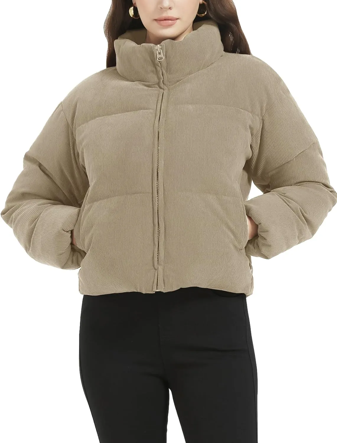 Flygo Womens Cropped Corduroy Puffer Jacket Winter Jackets Warm Long Sleeve Zip Quilted Down Puffer Coat