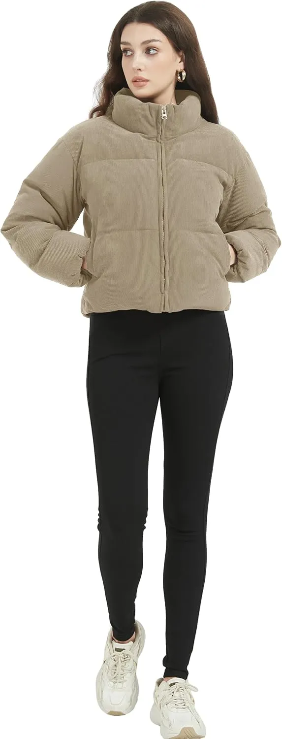 Flygo Womens Cropped Corduroy Puffer Jacket Winter Jackets Warm Long Sleeve Zip Quilted Down Puffer Coat