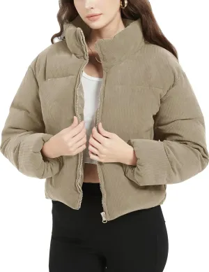 Flygo Womens Cropped Corduroy Puffer Jacket Winter Jackets Warm Long Sleeve Zip Quilted Down Puffer Coat