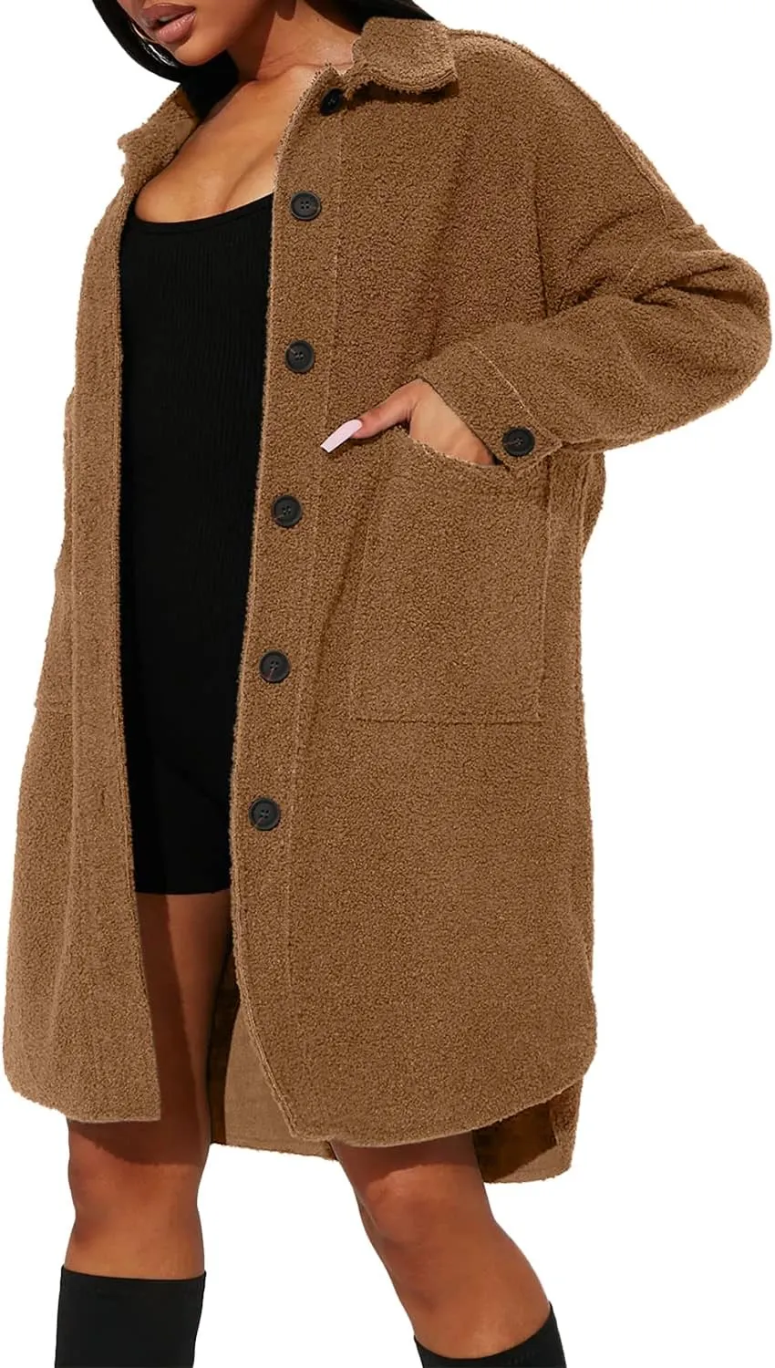 FSHAOES Women's Oversized Fleece Jackets Fuzzy Long Sleeve Open Front Teddy Jackets Sherpa Coat Long Cardigan Outerwear