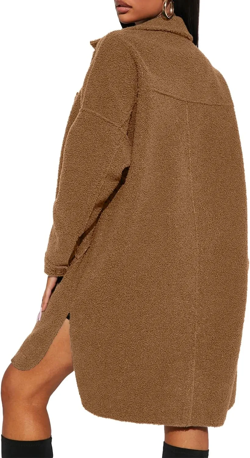 FSHAOES Women's Oversized Fleece Jackets Fuzzy Long Sleeve Open Front Teddy Jackets Sherpa Coat Long Cardigan Outerwear
