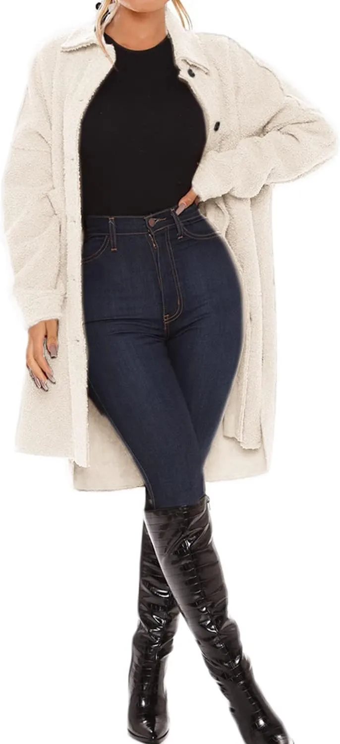 FSHAOES Women's Oversized Fleece Jackets Fuzzy Long Sleeve Open Front Teddy Jackets Sherpa Coat Long Cardigan Outerwear
