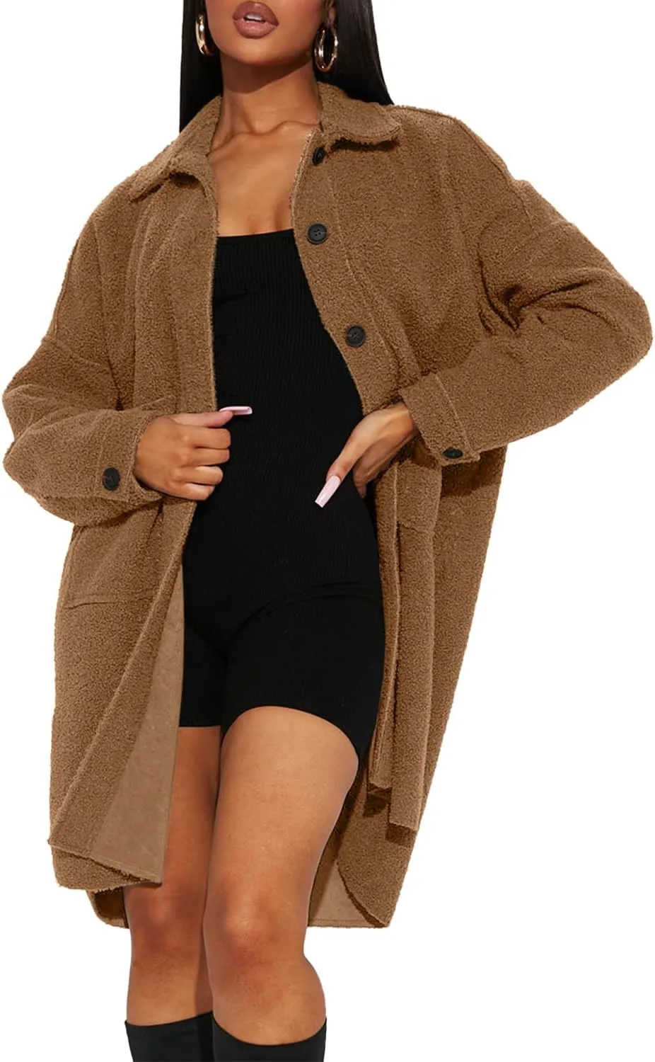 FSHAOES Women's Oversized Fleece Jackets Fuzzy Long Sleeve Open Front Teddy Jackets Sherpa Coat Long Cardigan Outerwear