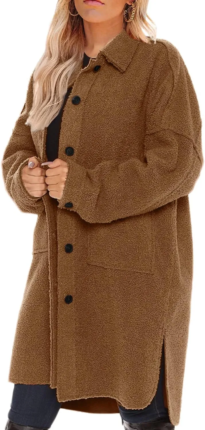FSHAOES Women's Oversized Fleece Jackets Fuzzy Long Sleeve Open Front Teddy Jackets Sherpa Coat Long Cardigan Outerwear