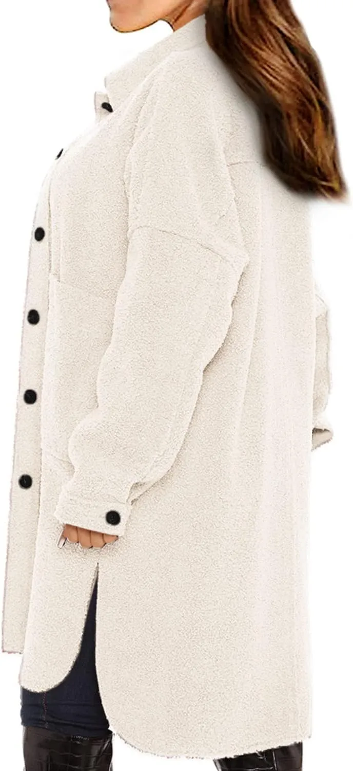 FSHAOES Women's Oversized Fleece Jackets Fuzzy Long Sleeve Open Front Teddy Jackets Sherpa Coat Long Cardigan Outerwear