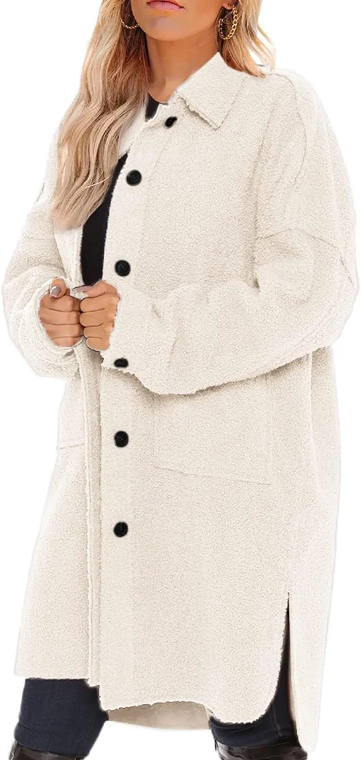 FSHAOES Women's Oversized Fleece Jackets Fuzzy Long Sleeve Open Front Teddy Jackets Sherpa Coat Long Cardigan Outerwear