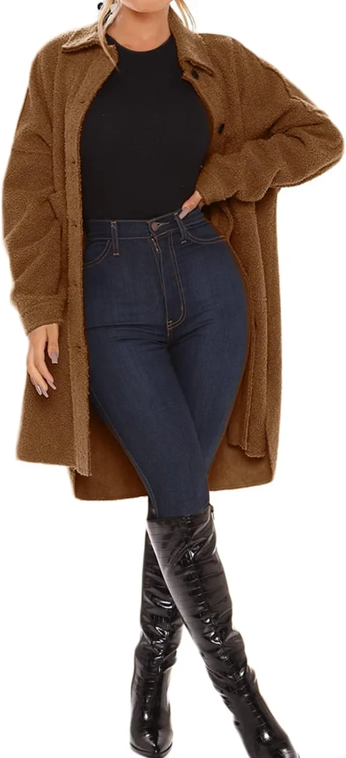 FSHAOES Women's Oversized Fleece Jackets Fuzzy Long Sleeve Open Front Teddy Jackets Sherpa Coat Long Cardigan Outerwear