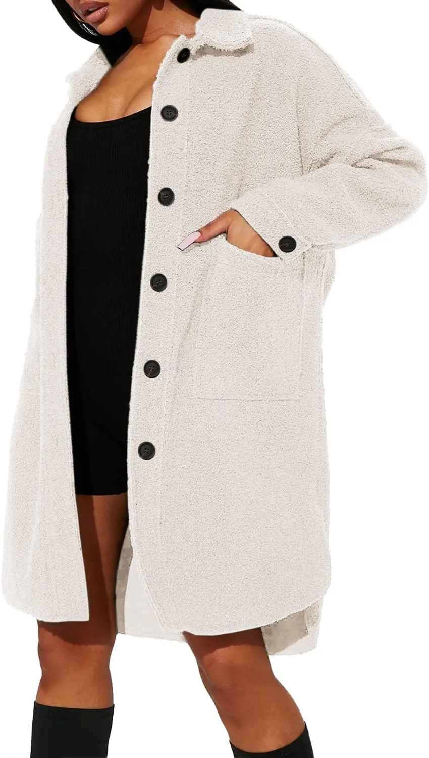 FSHAOES Women's Oversized Fleece Jackets Fuzzy Long Sleeve Open Front Teddy Jackets Sherpa Coat Long Cardigan Outerwear