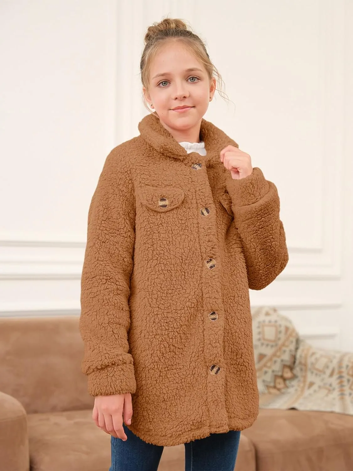 Haloumoning Girls Fuzzy Fleece Jacket Casual Button Down Sherpa Overcoat Faux Fur Jackets Outwear 4-15 Years