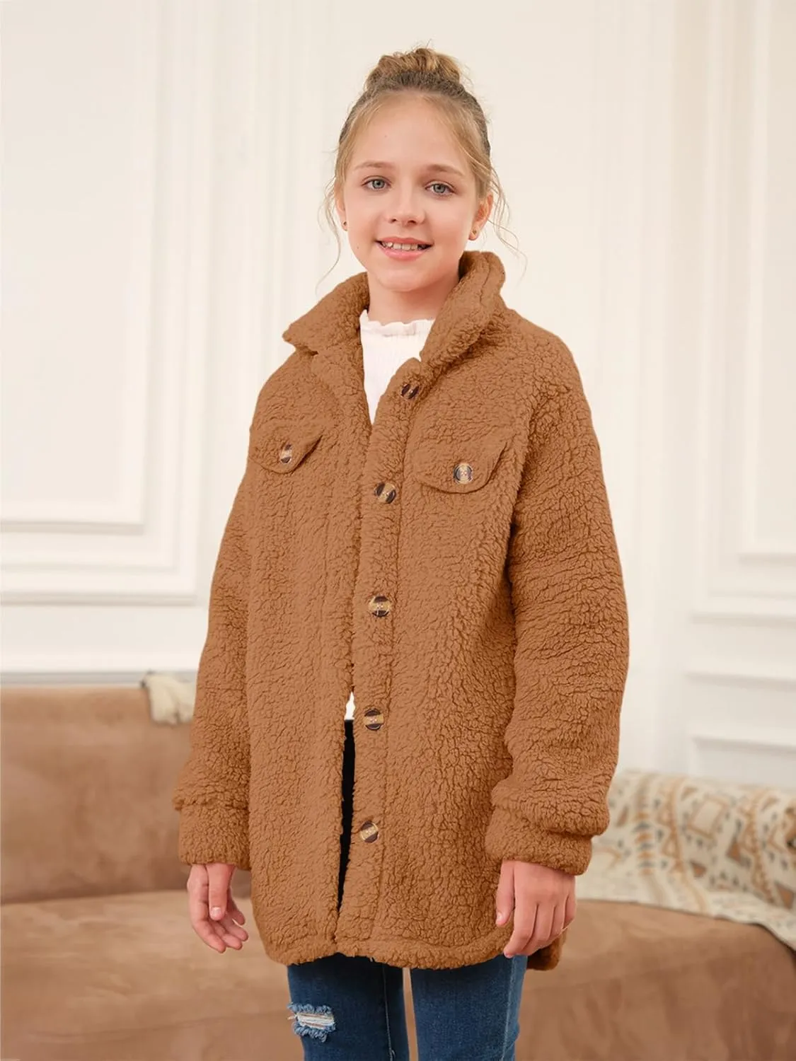 Haloumoning Girls Fuzzy Fleece Jacket Casual Button Down Sherpa Overcoat Faux Fur Jackets Outwear 4-15 Years