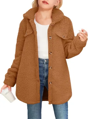 Haloumoning Girls Fuzzy Fleece Jacket Casual Button Down Sherpa Overcoat Faux Fur Jackets Outwear 4-15 Years