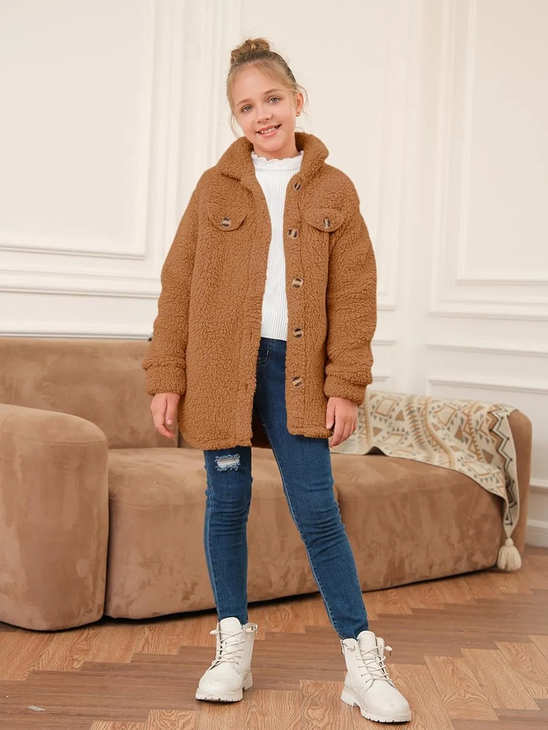 Haloumoning Girls Fuzzy Fleece Jacket Casual Button Down Sherpa Overcoat Faux Fur Jackets Outwear 4-15 Years