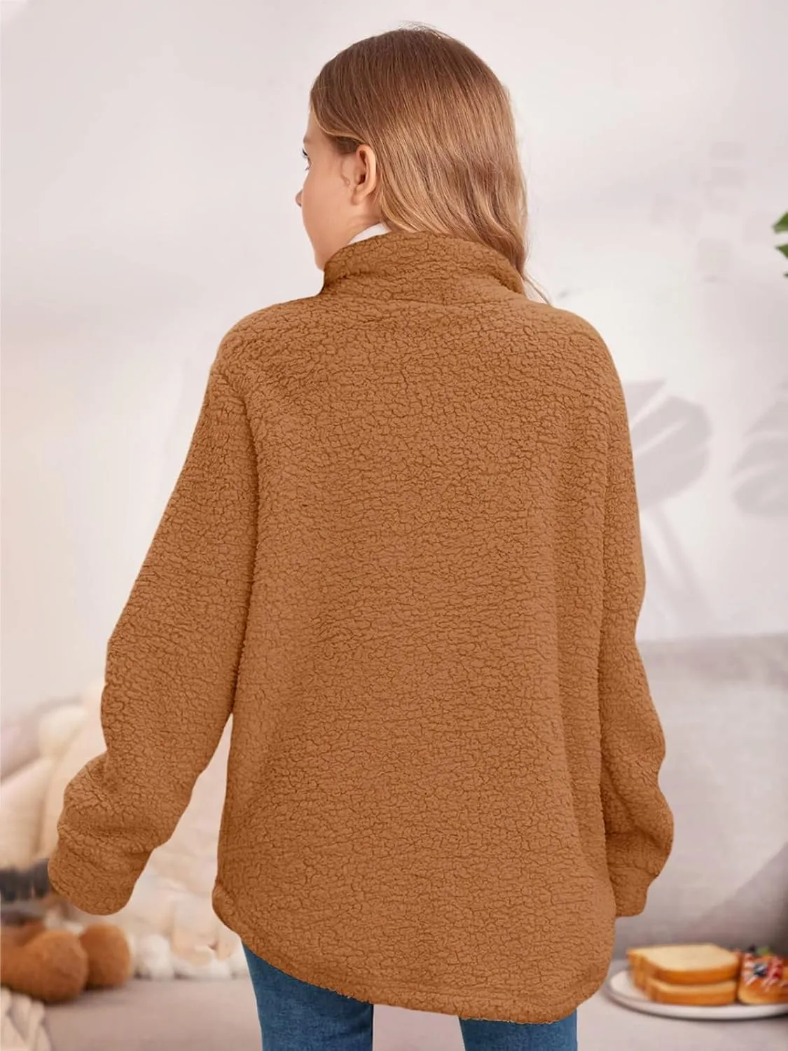 Haloumoning Girls Fuzzy Fleece Jacket Casual Button Down Sherpa Overcoat Faux Fur Jackets Outwear 4-15 Years