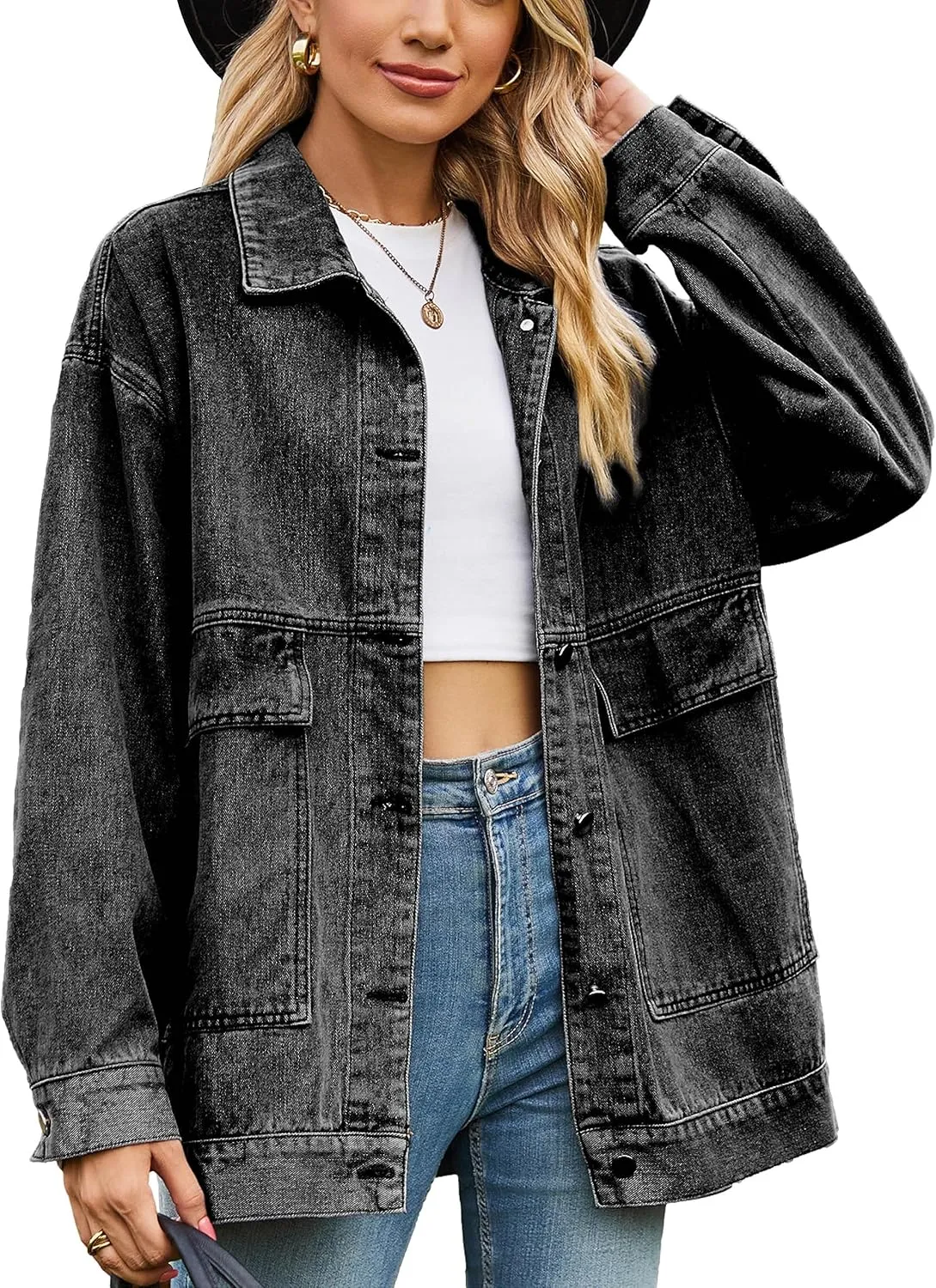HangNiFang Aztec Denim Jacket Shacket for Women Button Down Vintage Distressed Blue Jean Jacket