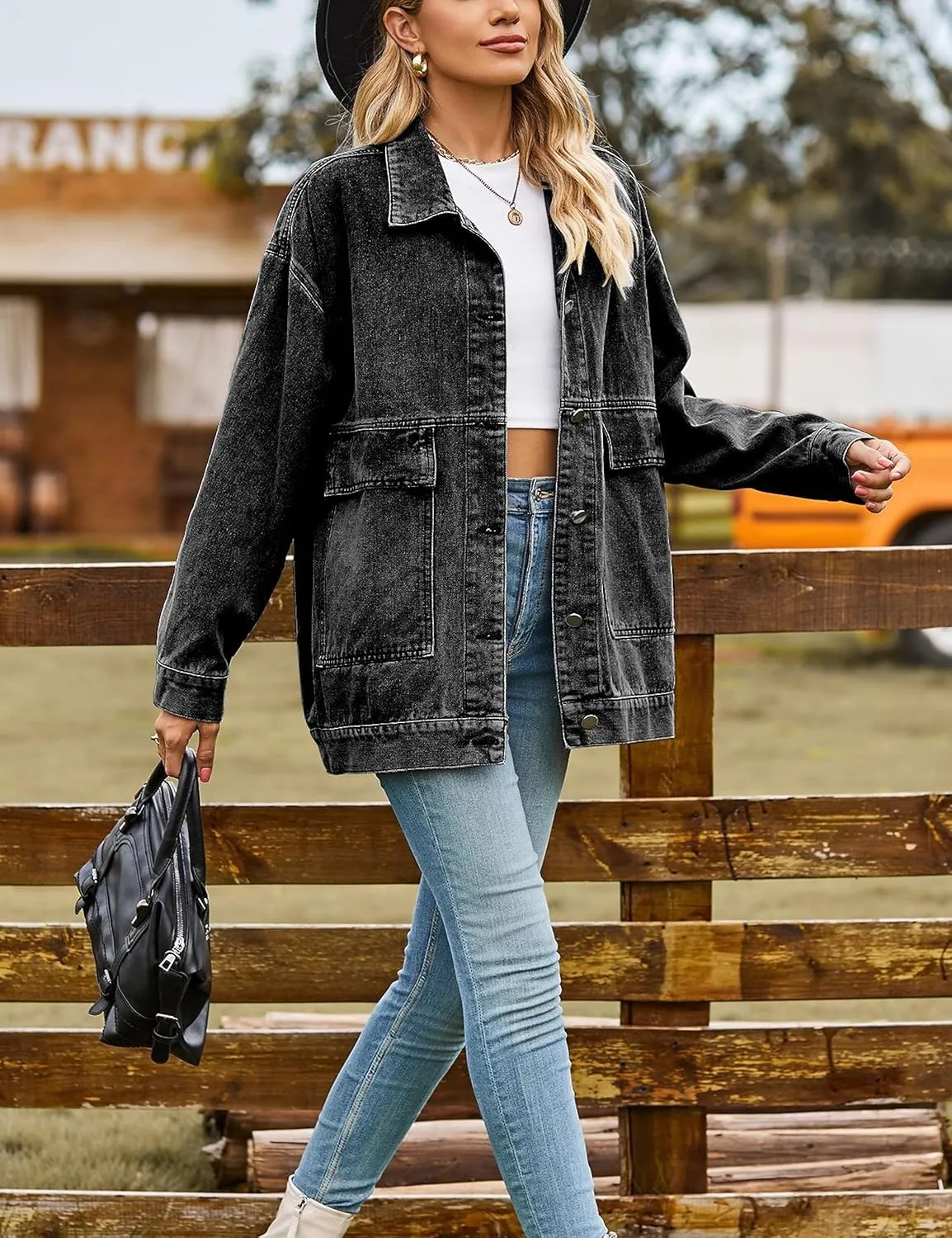 HangNiFang Aztec Denim Jacket Shacket for Women Button Down Vintage Distressed Blue Jean Jacket