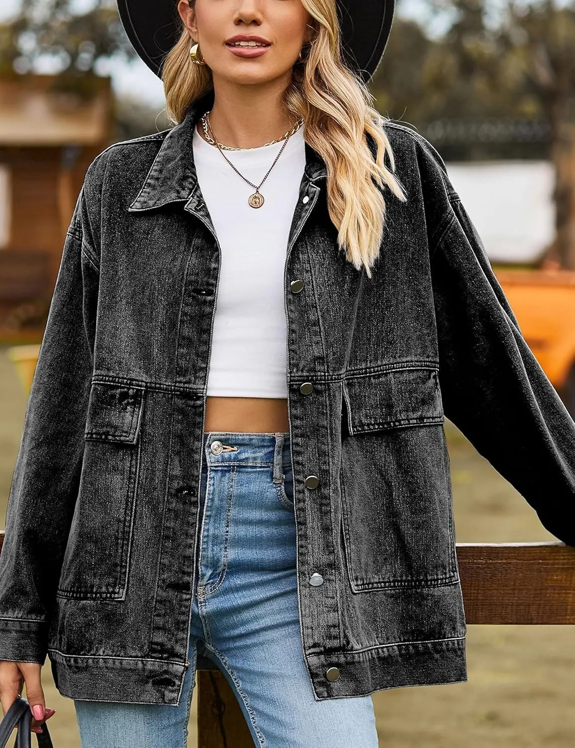 HangNiFang Aztec Denim Jacket Shacket for Women Button Down Vintage Distressed Blue Jean Jacket