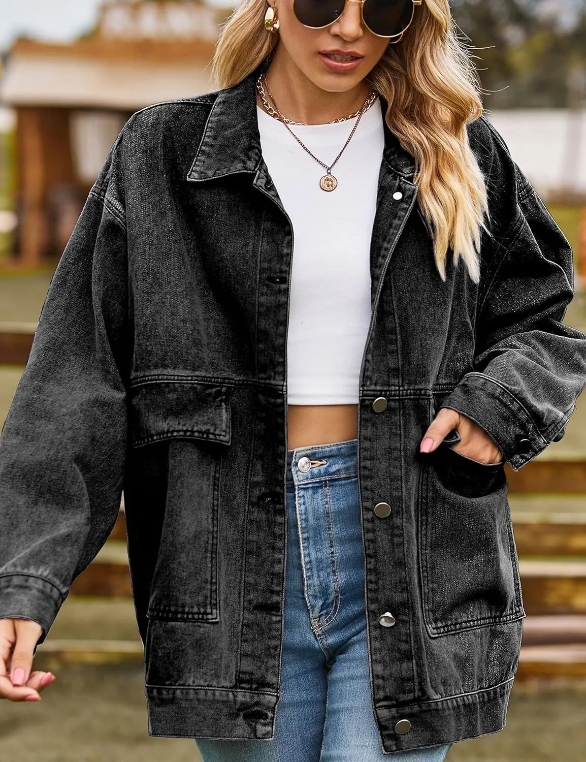 HangNiFang Aztec Denim Jacket Shacket for Women Button Down Vintage Distressed Blue Jean Jacket