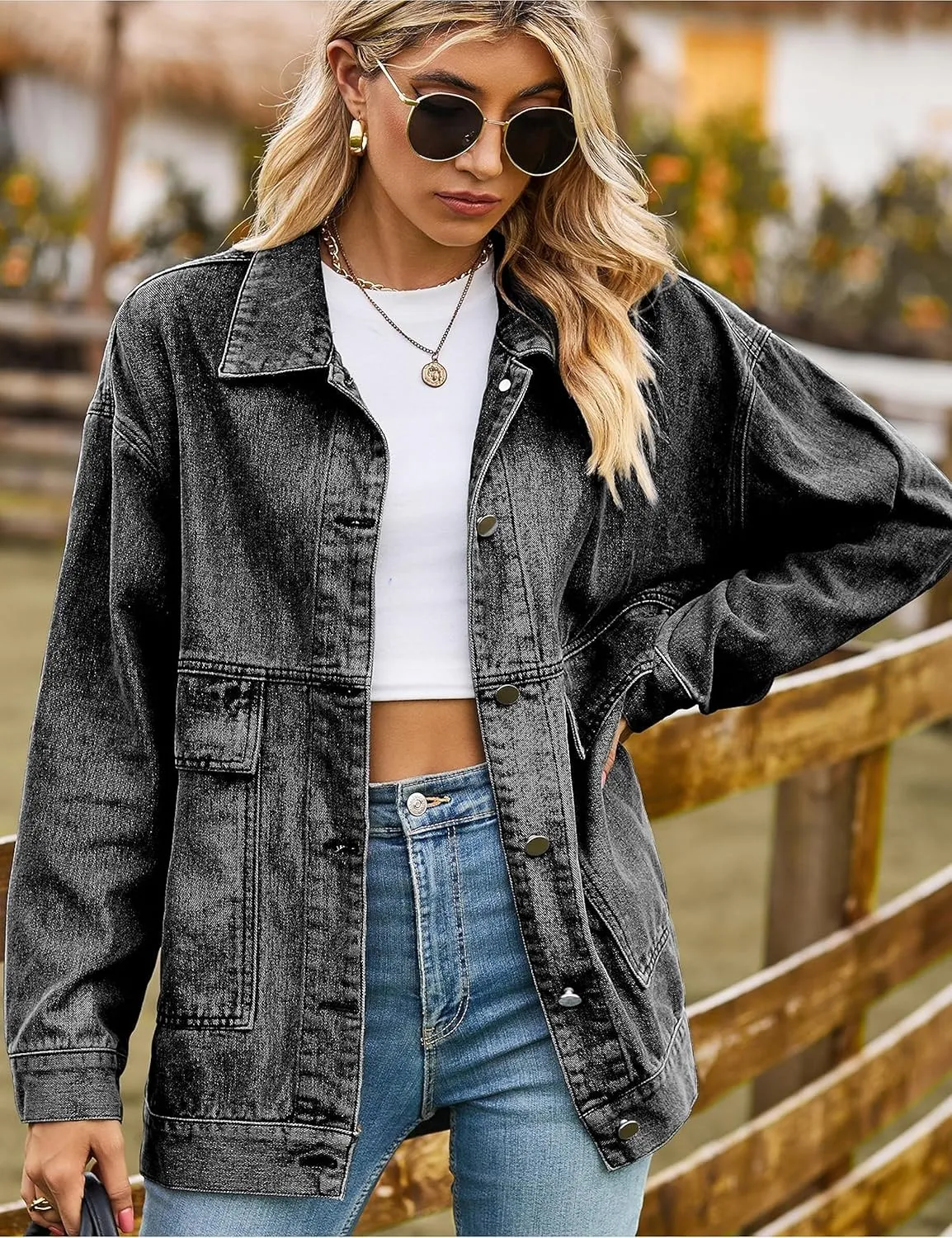 HangNiFang Aztec Denim Jacket Shacket for Women Button Down Vintage Distressed Blue Jean Jacket