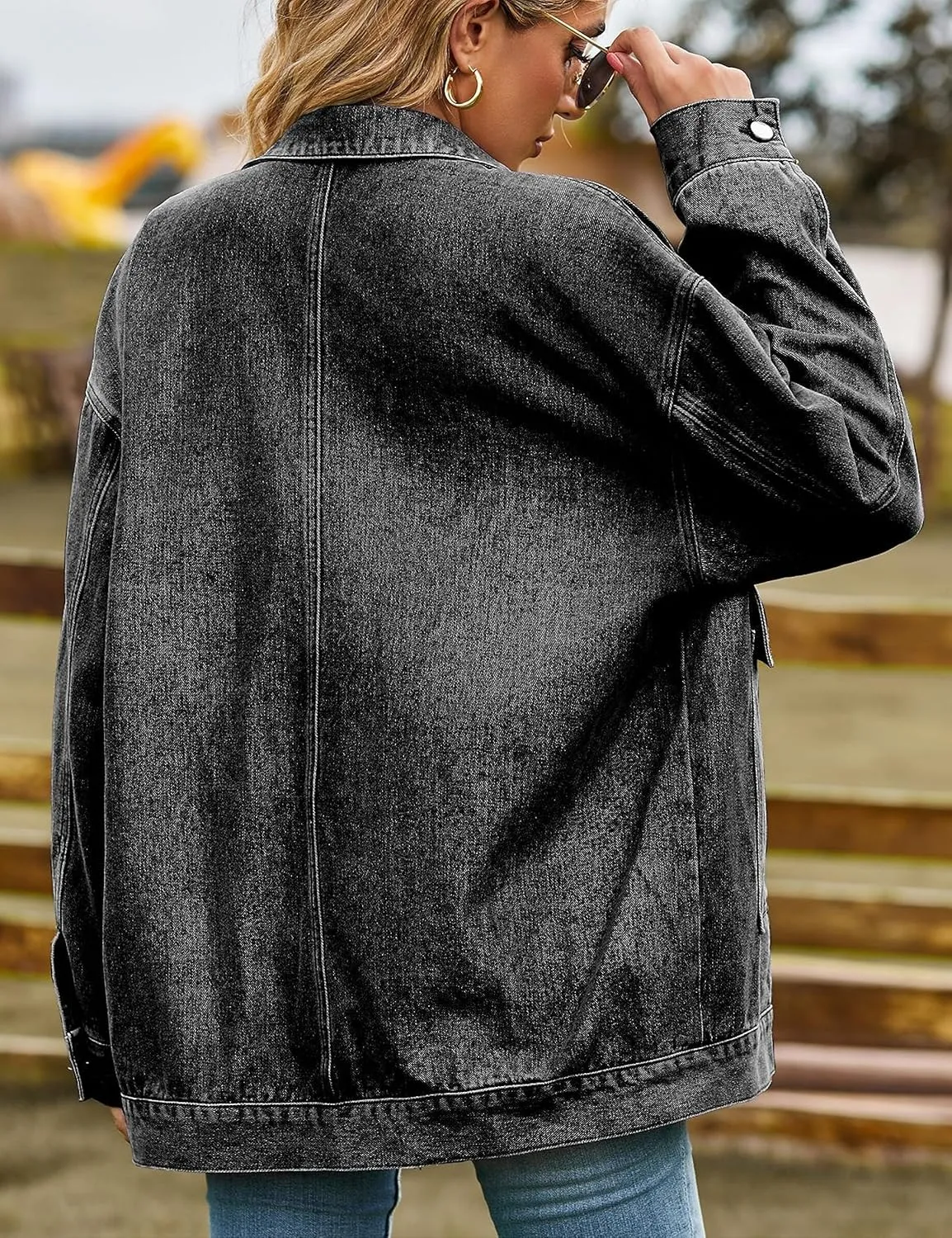 HangNiFang Aztec Denim Jacket Shacket for Women Button Down Vintage Distressed Blue Jean Jacket