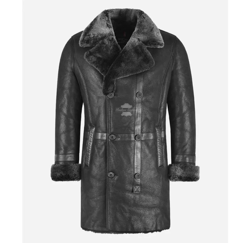 Heritage Elegance Men's 3/4 Length Double Breasted Sheepskin Coat Black