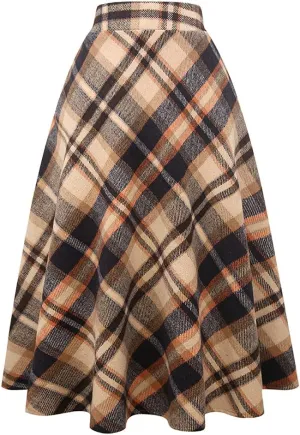Long Plaid Wool Skirt for Womens Winter Fall Warm High Elastic Waist A line Flared Pleated Wool Tartan Skirts
