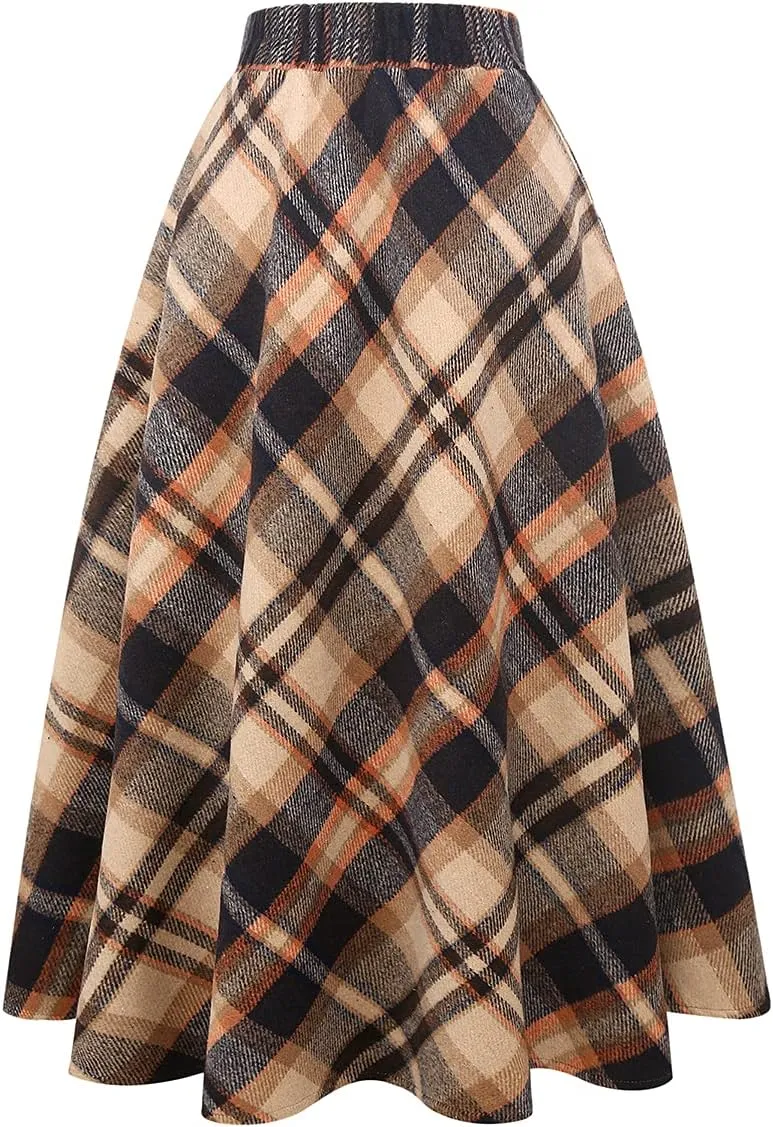 Long Plaid Wool Skirt for Womens Winter Fall Warm High Elastic Waist A line Flared Pleated Wool Tartan Skirts