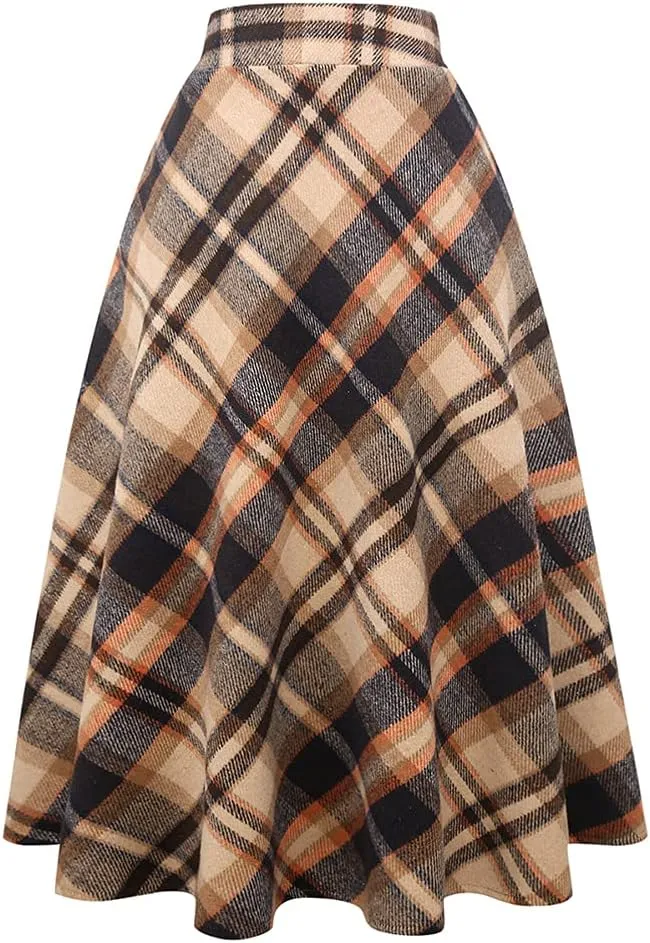 Long Plaid Wool Skirt for Womens Winter Fall Warm High Elastic Waist A line Flared Pleated Wool Tartan Skirts