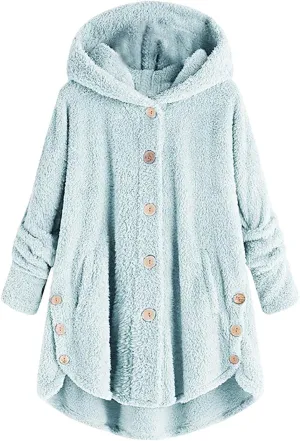 maisdgop Fleece Jacket Women Long Sleeve Sherpa Hooded Coats Winter Fall Warm Fuzzy Jackets Plus Size Button Plush Outerwear