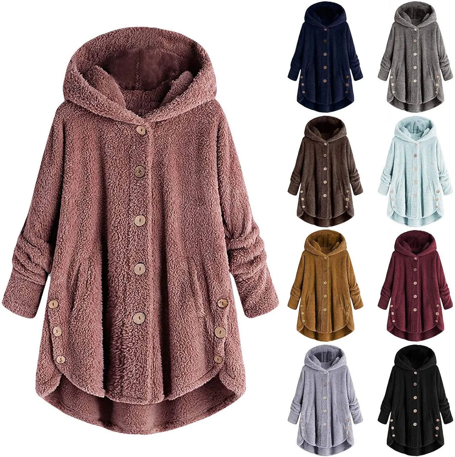 maisdgop Fleece Jacket Women Long Sleeve Sherpa Hooded Coats Winter Fall Warm Fuzzy Jackets Plus Size Button Plush Outerwear