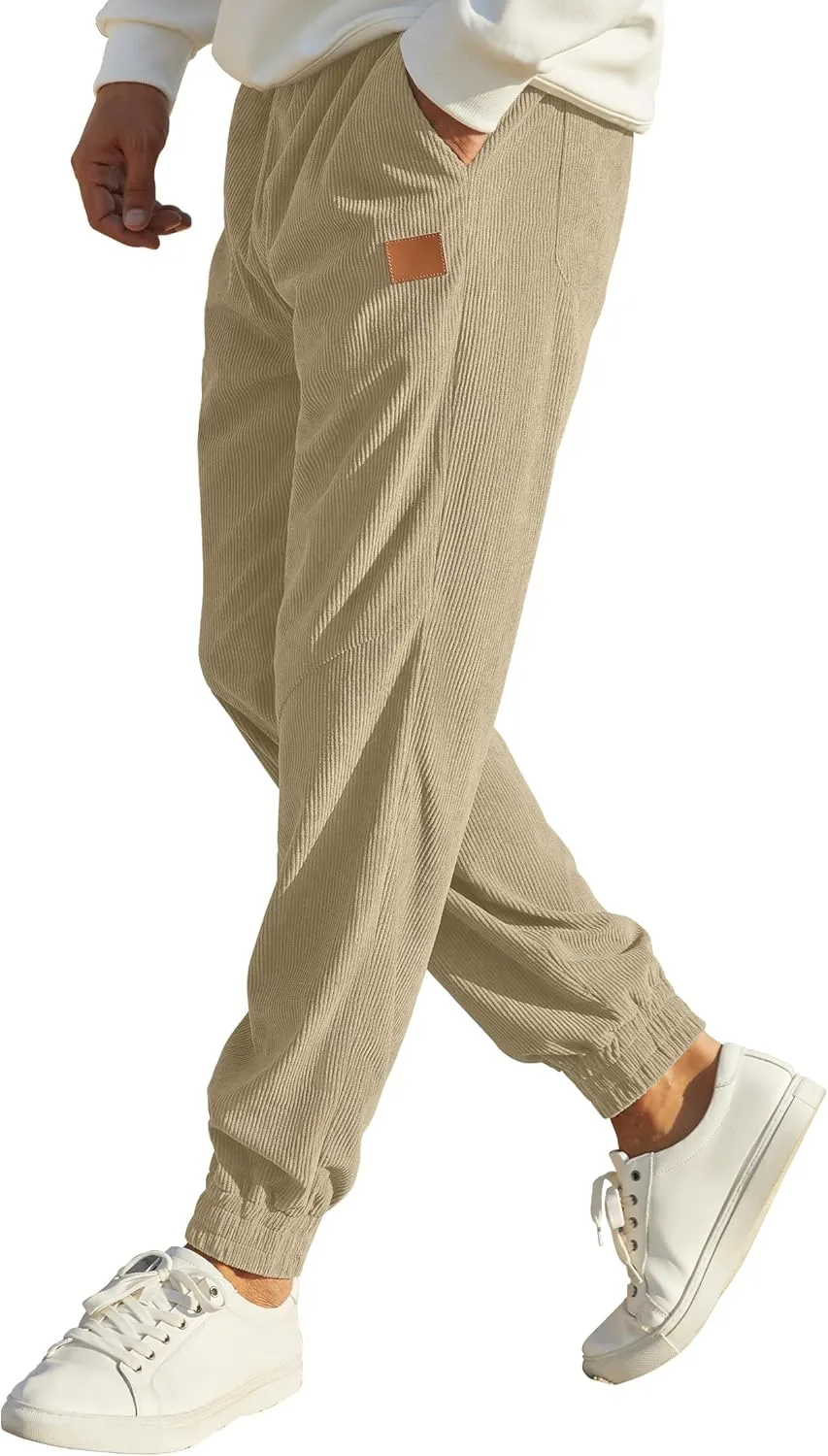 Mens Corduroy Joggers Pants Casual Cargo Pants Drawstring Elastic Waist Baggy Tapered Sweatpants with Pockets