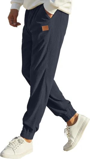 Mens Corduroy Joggers Pants Casual Cargo Pants Drawstring Elastic Waist Baggy Tapered Sweatpants with Pockets