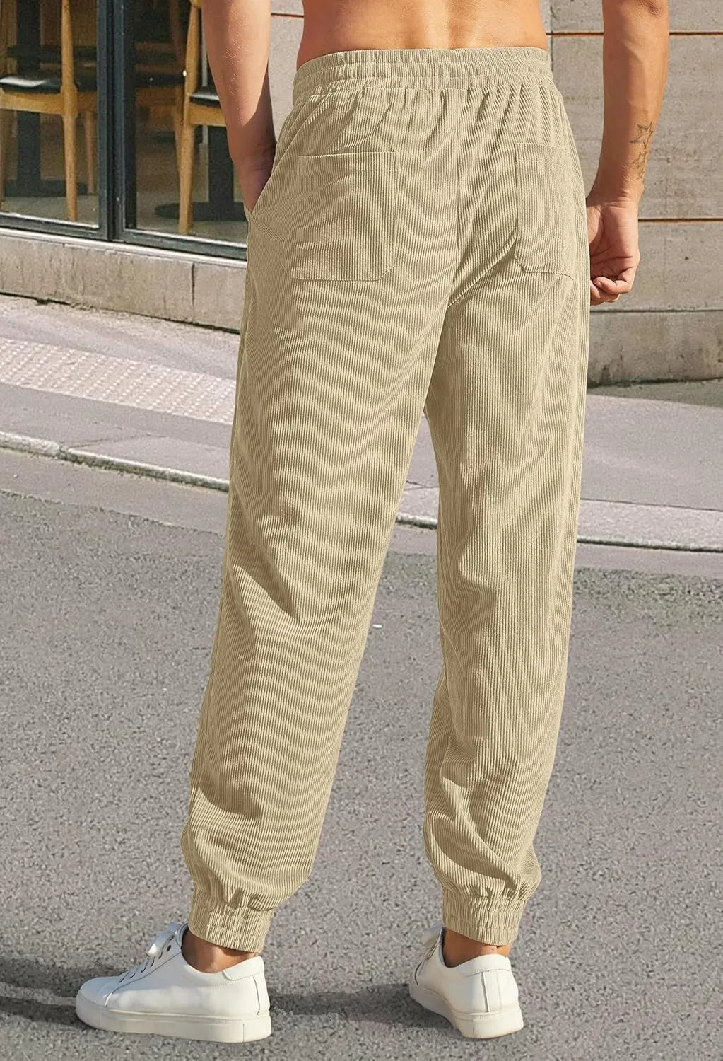 Mens Corduroy Joggers Pants Casual Cargo Pants Drawstring Elastic Waist Baggy Tapered Sweatpants with Pockets