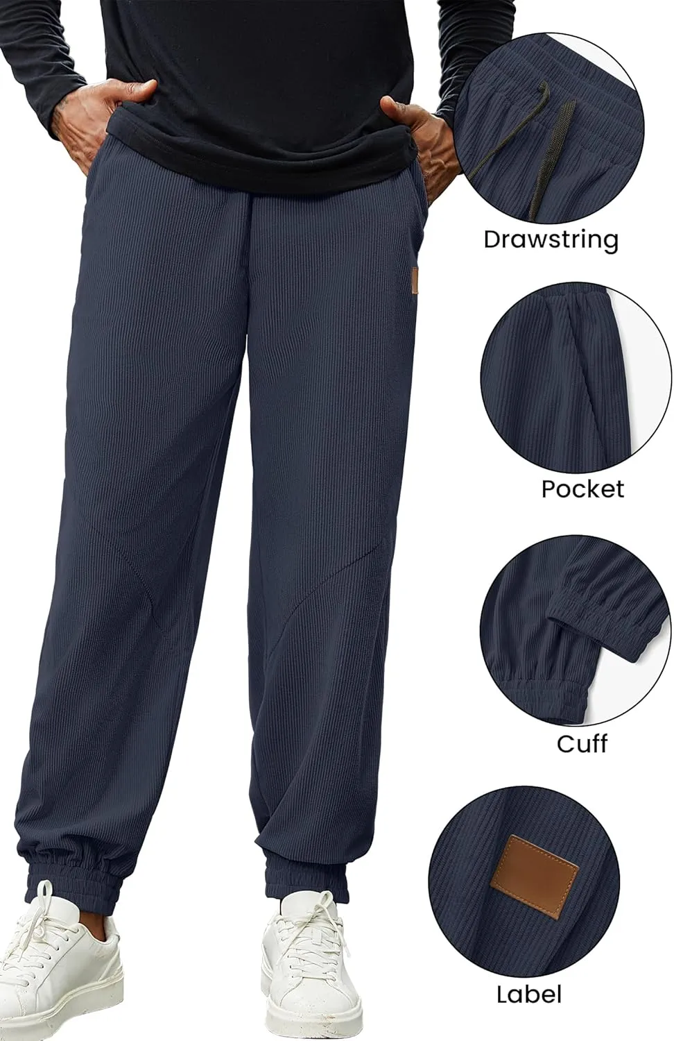 Mens Corduroy Joggers Pants Casual Cargo Pants Drawstring Elastic Waist Baggy Tapered Sweatpants with Pockets