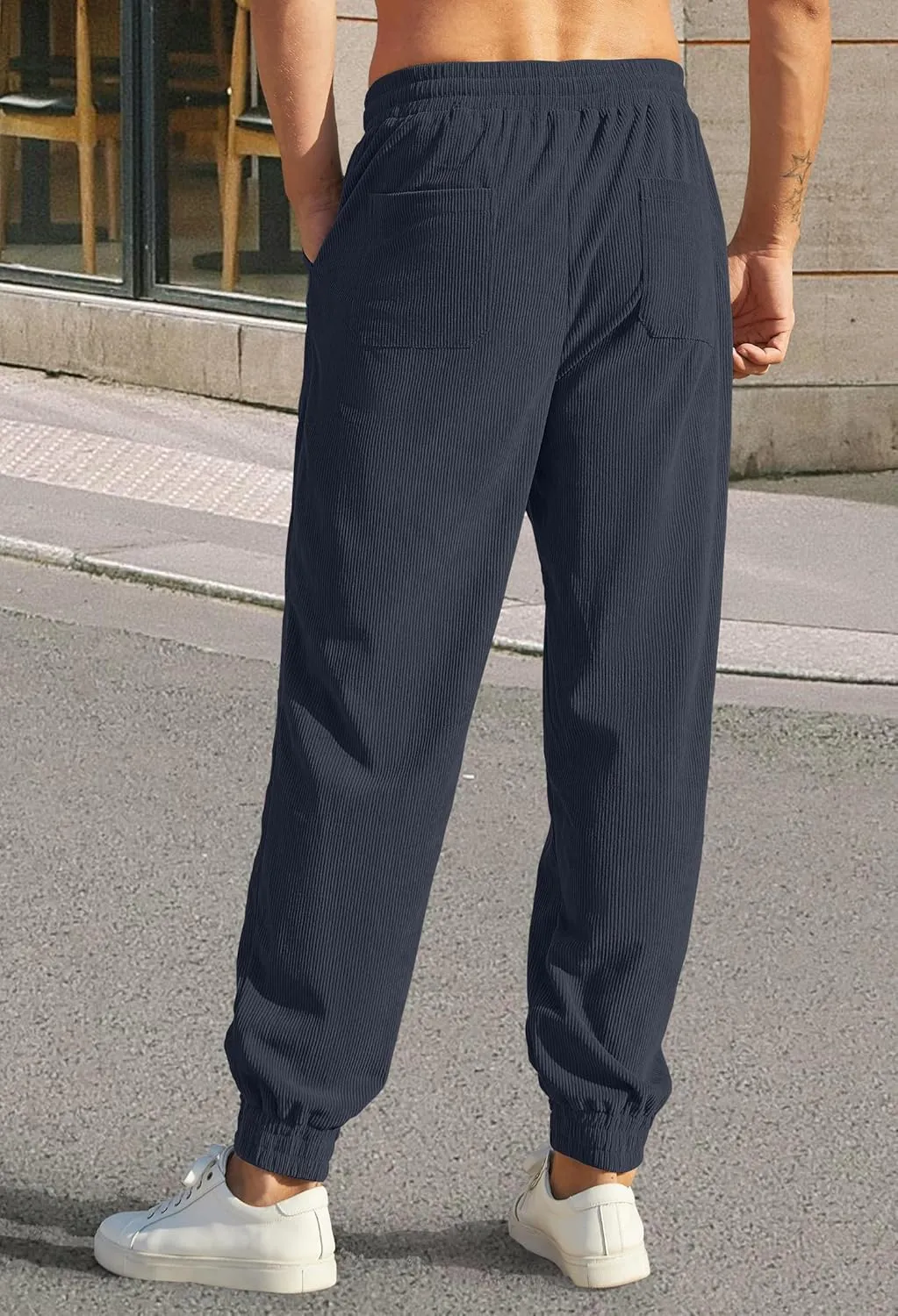 Mens Corduroy Joggers Pants Casual Cargo Pants Drawstring Elastic Waist Baggy Tapered Sweatpants with Pockets