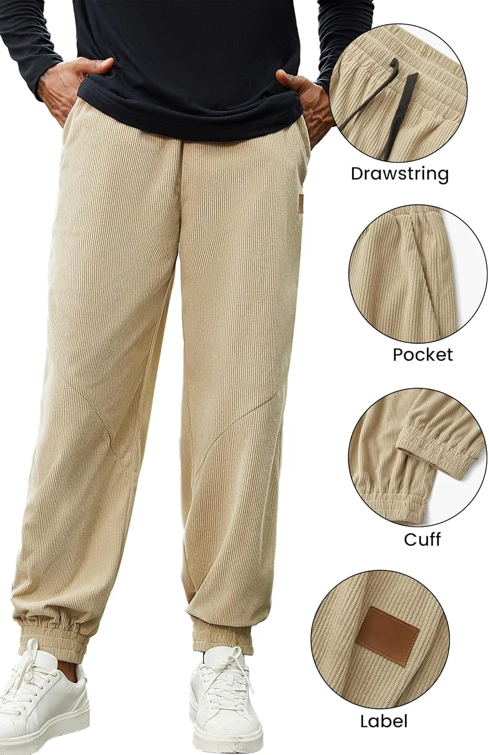 Mens Corduroy Joggers Pants Casual Cargo Pants Drawstring Elastic Waist Baggy Tapered Sweatpants with Pockets
