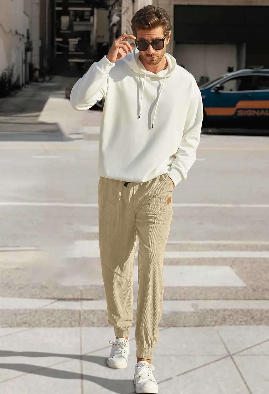 Mens Corduroy Joggers Pants Casual Cargo Pants Drawstring Elastic Waist Baggy Tapered Sweatpants with Pockets