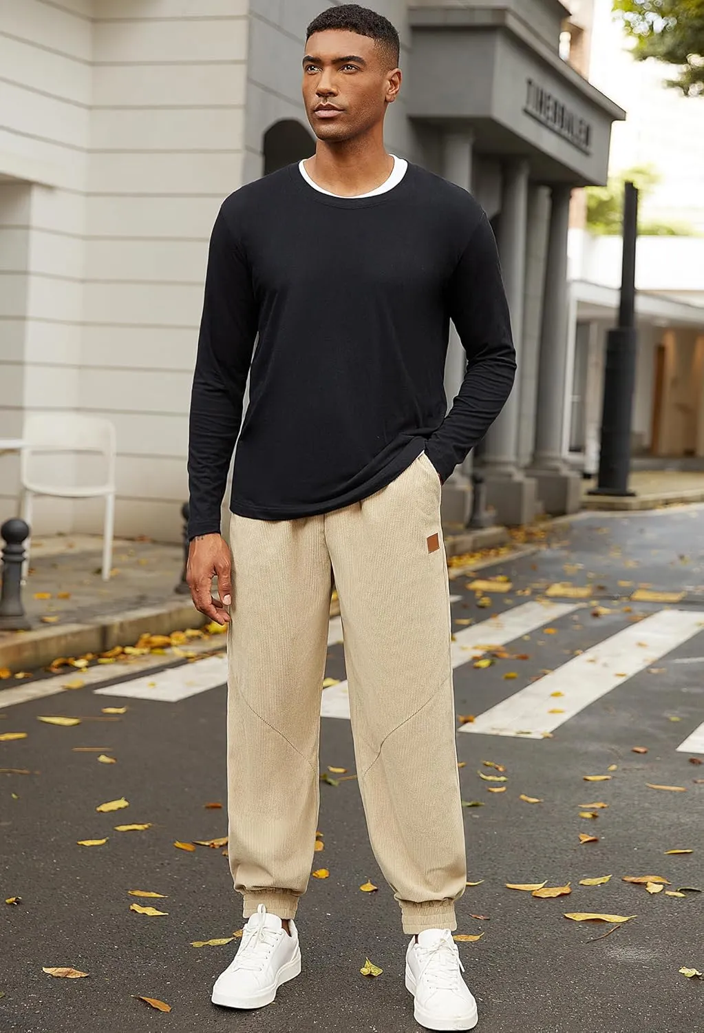 Mens Corduroy Joggers Pants Casual Cargo Pants Drawstring Elastic Waist Baggy Tapered Sweatpants with Pockets