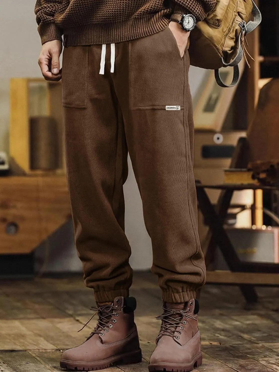 Mens Sweatpants Corduroy Joggers Casual Cargo Pants Elastic Waist Drawstring Stretch Tapered Baggy Pants with Pockets