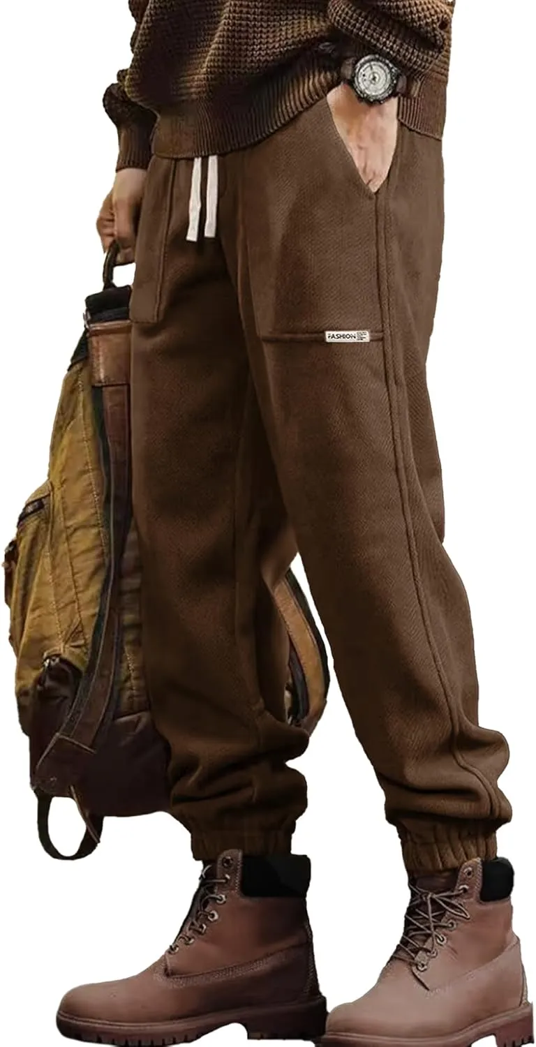Mens Sweatpants Corduroy Joggers Casual Cargo Pants Elastic Waist Drawstring Stretch Tapered Baggy Pants with Pockets