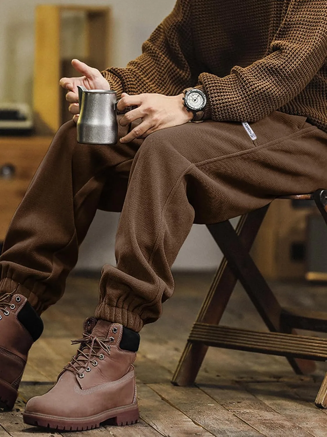 Mens Sweatpants Corduroy Joggers Casual Cargo Pants Elastic Waist Drawstring Stretch Tapered Baggy Pants with Pockets