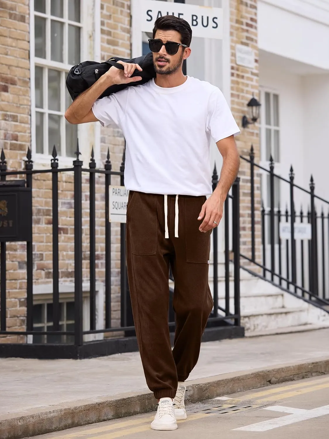 Mens Sweatpants Corduroy Joggers Casual Cargo Pants Elastic Waist Drawstring Stretch Tapered Baggy Pants with Pockets