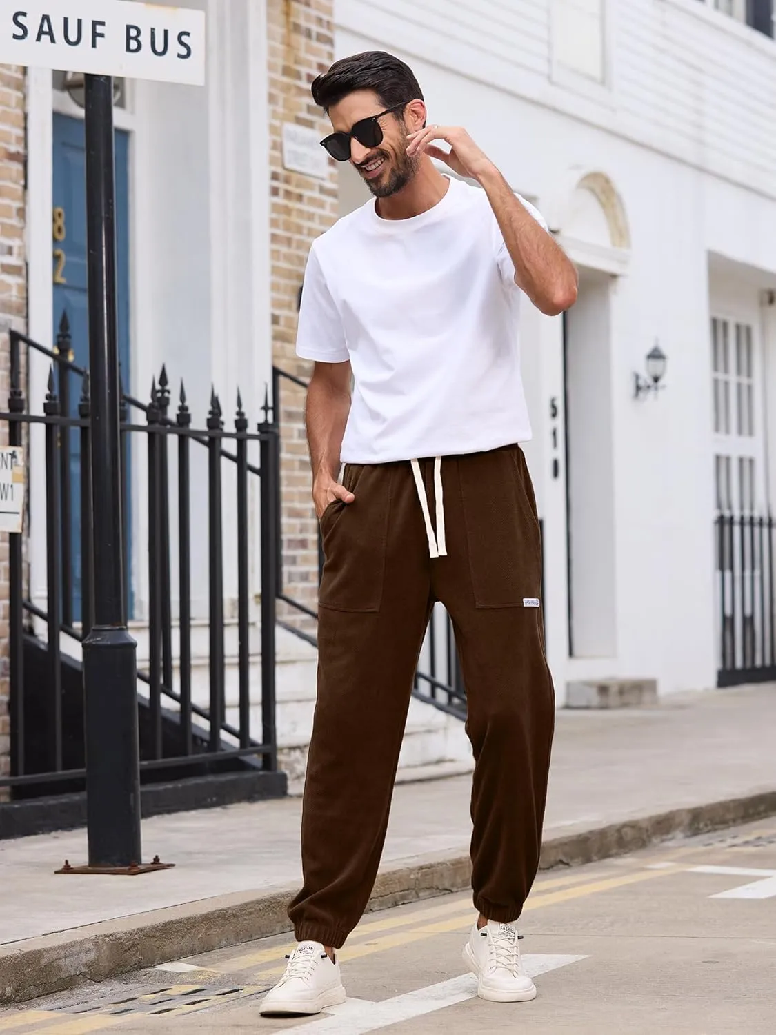 Mens Sweatpants Corduroy Joggers Casual Cargo Pants Elastic Waist Drawstring Stretch Tapered Baggy Pants with Pockets