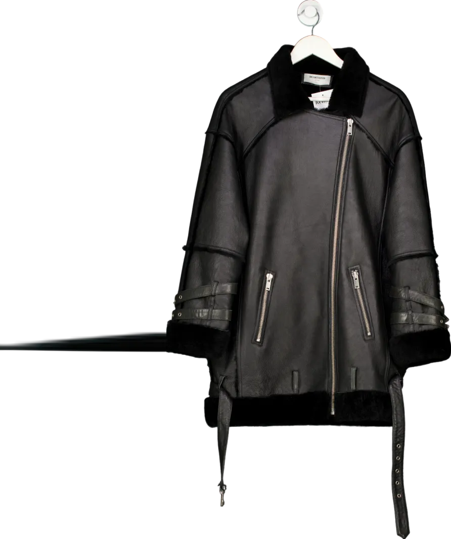 One Teaspoon Black Shearling Buckle Sleeve Aviator Coat UK S