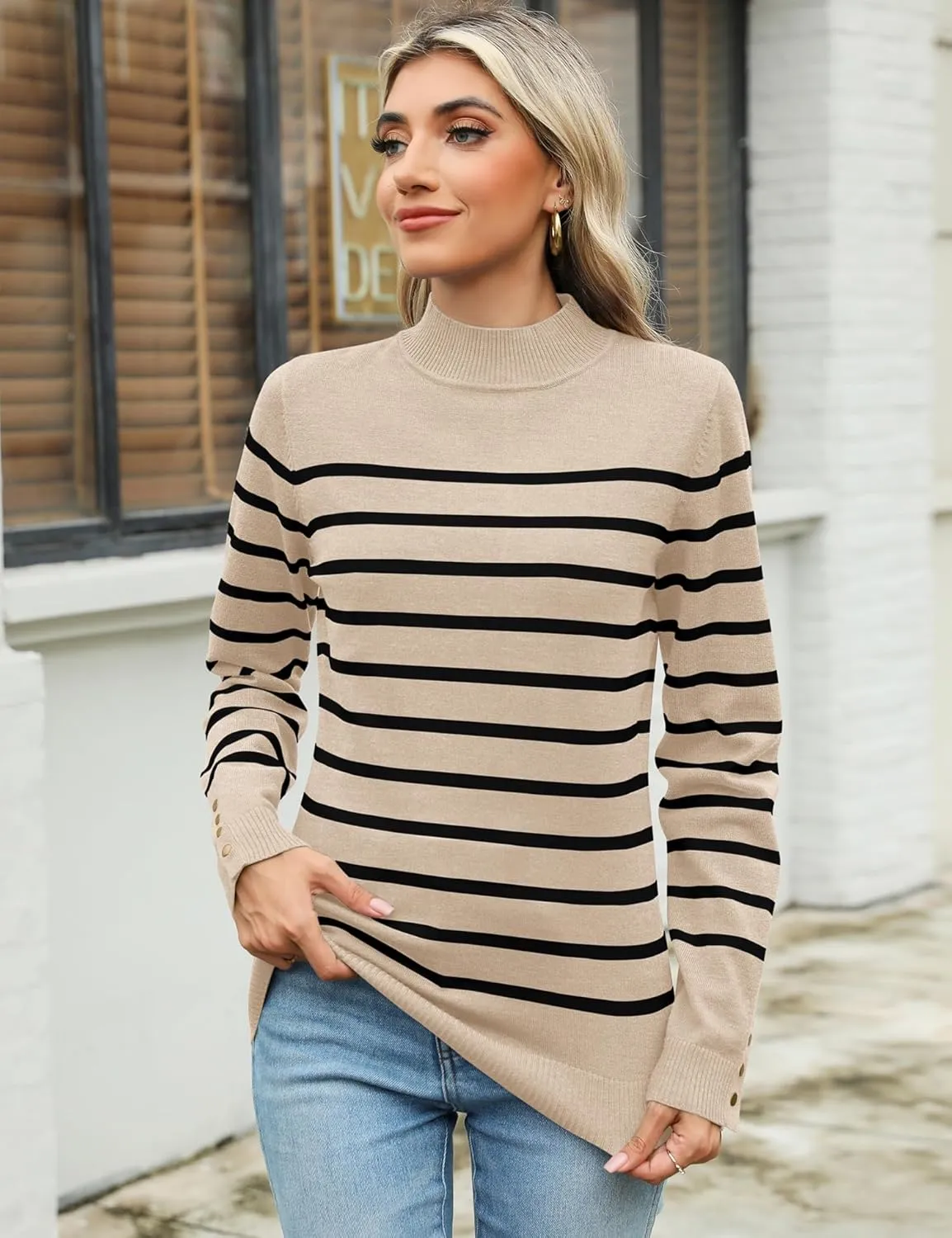 Qirno Womens Mock Neck Long Sleeve Knit Sweaters Turtleneck Casual Lightweight Button Cuffs Fall Pullover Sweater