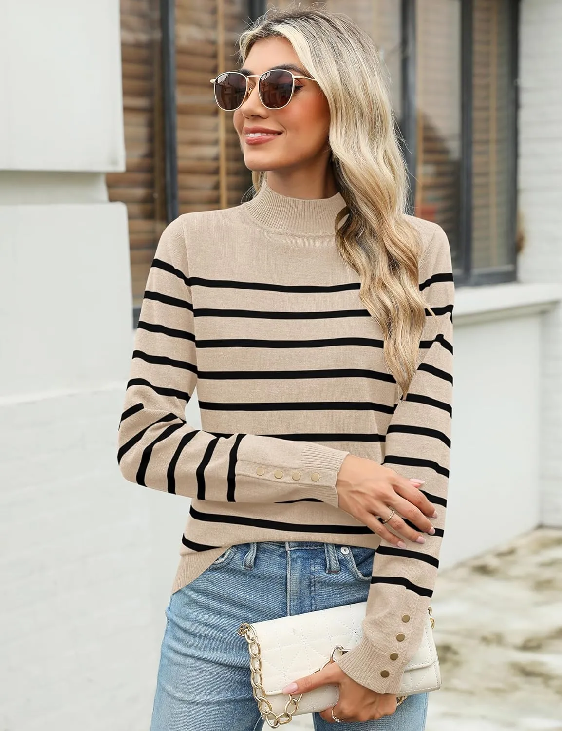 Qirno Womens Mock Neck Long Sleeve Knit Sweaters Turtleneck Casual Lightweight Button Cuffs Fall Pullover Sweater