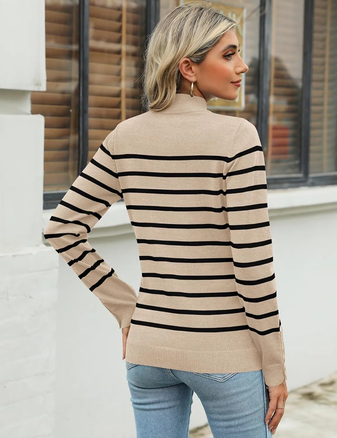 Qirno Womens Mock Neck Long Sleeve Knit Sweaters Turtleneck Casual Lightweight Button Cuffs Fall Pullover Sweater